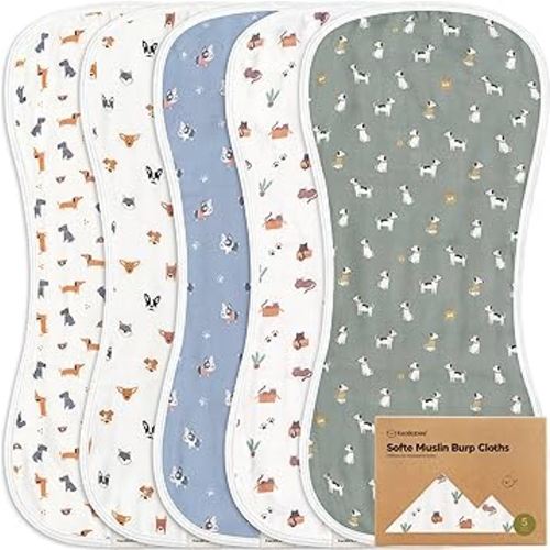 5-Pack Muslin Burp Cloths for Baby Boys and Girls - Super Absorbent Baby Burp Cloth, Viscose Derived from Bamboo Cotton Baby Washcloths, Burp Rags, Large Neutral Burp Clothes for Newborn (Pets & Paws)