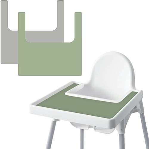 High Chair Placemat for IKEA Antilop Baby High Chair, 2 Packs Stain Resistant Non-Slip Toddler Silicone High Chair Place Mats Eating Table Mat (Sage/Gray)