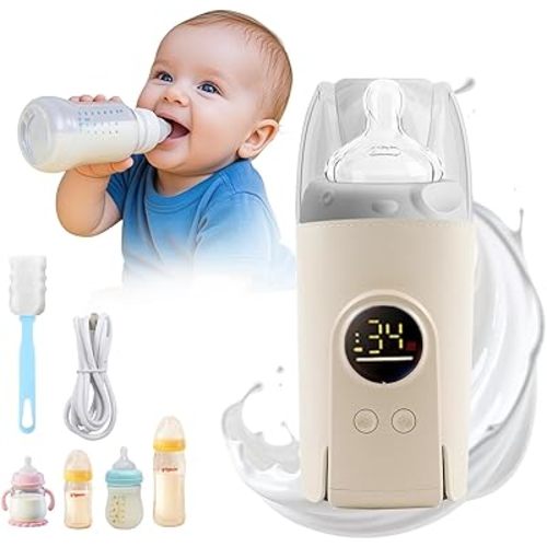 Portable Milk Warmer for Travel, On The Go Baby Bottle Warmer, Waterless Bottle Warmering with Battery-Powered for Home Outdoor, Fast Heating & Precise Temperature Control with LCD Display