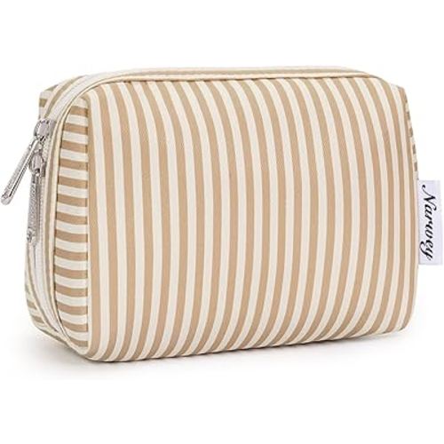 Narwey Small Striped Makeup Bag for Purse Mini Cosmetic Bag Travel Makeup Pouch Zipper Pouch Cute Make up Bags with Compartments for Women Girls (Brown Stripe, Small)