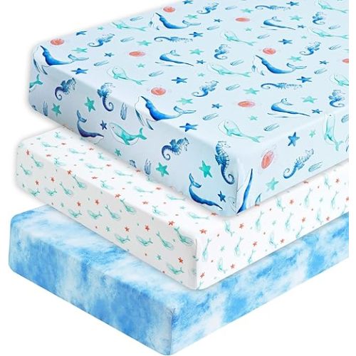 PHF 3 Pack Soft Whale Crib Sheets Fitted, Silky Comfy Breathable Baby Sheets for Boys Girls Neutral, 28x52 Inches Fits Standard Crib and Toddler Mattresses, Whale
