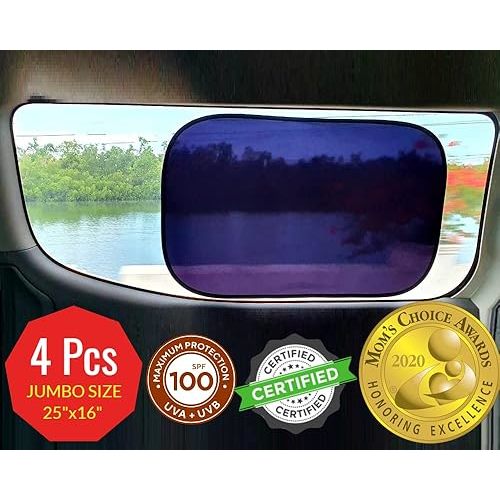 kinder Fluff Car Window Shade (4Pack)-The Only Certified Cockpit & Car Window Sun Shade for Baby & Pilots Proven to Block 99.95% UVR -Mom's Choice Gold Award- Aircraft & Car Seat Sun Protection - XL