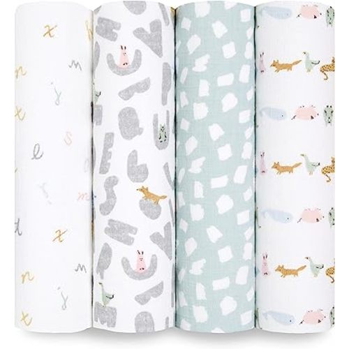 aden + anais Essentials Swaddle Blanket, Boutique Muslin Blankets for Girls & Boys, Baby Receiving Swaddles, Ideal Newborn & Infant Swaddling Set, Perfect Shower Gifts, 4 Pack, Alphabet Animals