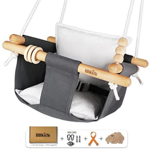 BBKids Baby Hanging Swing 6 Months to 4 Years, Toddler Swing Indoor and Outdoor, Canvas Baby Swing, Beech Wood is Not Moldy, Not Malicious, Full Set of Ceiling Screws (Grey)