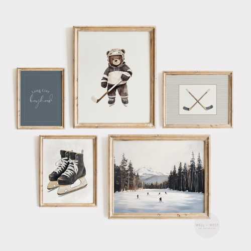 Hockey Art Set of Five | Vintage Style Hockey Paintings | Navy Nursery Art | Boys Room Printable | Teddy Bear Art | Sports Gallery | PS142