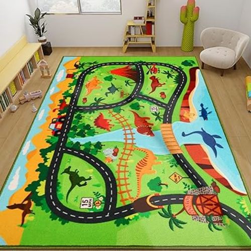 Kids Carpet Playmat, 78.7"x59" Dinosaur Rug for Toy Cars, Non-Slip Dino Safari Road Map for Playroom Bedroom Boys, Play Mat Track for Kids