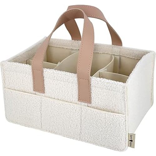 Teddy Sherpa Diaper Caddy - Beige Baby Nursery Organizer for Diapers and Baby Essentials, Neutral Nursery, Baby Registry Must Have, Portable Diaper Storage Basket