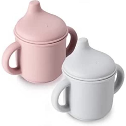 Potchen 2 Pieces Silicone Sippy Cup Training for Baby 6 months+ Soft with Straw Spill Proof Cups Toddlers Handles and Spout Lid Easy Grip 5oz (Pink, Light Gray, Cute Style)