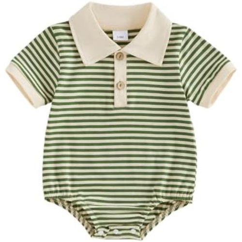 VISGOGO Baby Boy Striped Romper Waffle Short Sleeve Button Oversized Bodysuit Summer Baby Collared Onsie Polo Shirt Clothes