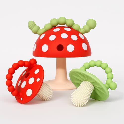 RaZbaby Chompy Teether 2-Pack (Red/Green) & Chompy Grip (Red/Green) Set – Soft Silicone Teething Toy with Holder for Babies, BPA-Free, Easy to Hold, Gum Relief & Sensory Development