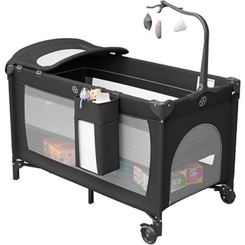 4 in 1 Pack and Play with Changing Table Diaper Organizer & Mattress, Foldable Baby Bassinet Bedside Sleeper, Portable Large Travel Crib Playpen for Newborn to Toddles (Black)