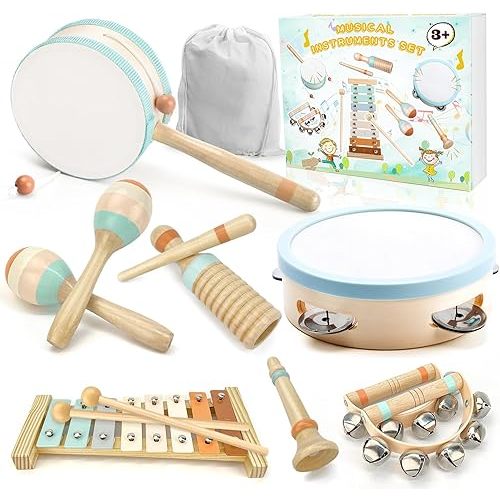 Toddler Musical Instruments-Musical Toys Wooden Montessori Toys for Toddlers 1-3 , Baby Musical Instruments with Modern Boho Xylophone Toddler Toys with Storage Bag for Kids Preschool Educational 3+