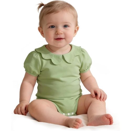 LYSMuch 0-24Mo Baby Girls Peter Pan Collar Bodysuit Toddler Ruffle Romper Short Sleeve Solid Color Clothes