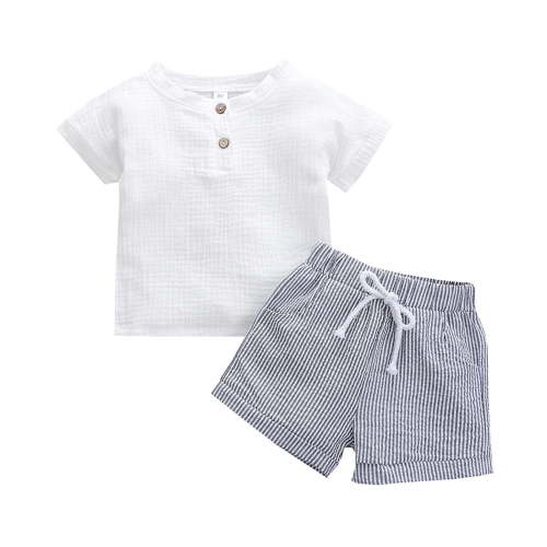 TAIAOJING Baby Boys Summer Clothes Sets, Cotton Ribbed Short Sleeve Top and Striped Shorts, 18-24 Months