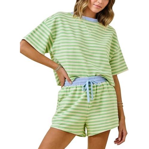 MISSACTIVER Womens Lounge 2 Piece Sets Summer Striped Matching Pajamas Set Short Sleeve Oversized T Shirts Drawstring Shorts