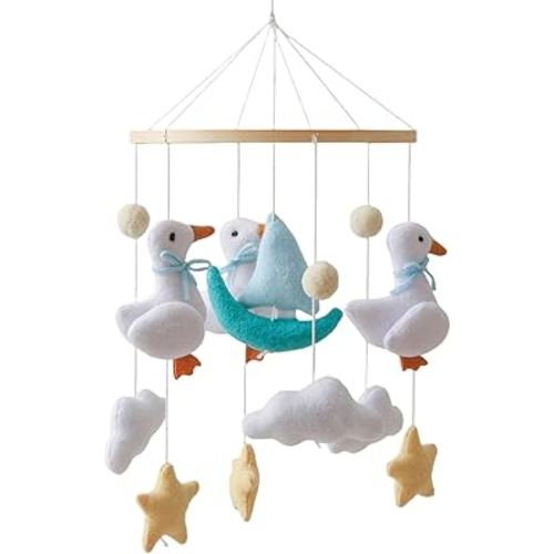 Early Spring Geese Theme Mobile Crib Toy,Gentle Blue White Yellow Mobile for Crib,Handmade Felt Clouds Bassinet,Cotton Animal Crib Bell for Boys Girls,Easy to Install Nursery Ceiling Decoration