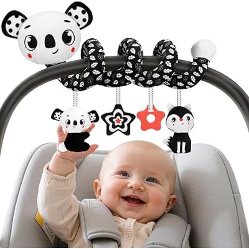 FPVERA Car Seat Toys for Babies 0-6 Months: Travel Baby Toy for Soft Hanging Toys for Carseat, Spiral Plush High Contrast Black and White Toy for Infant Boys Girls