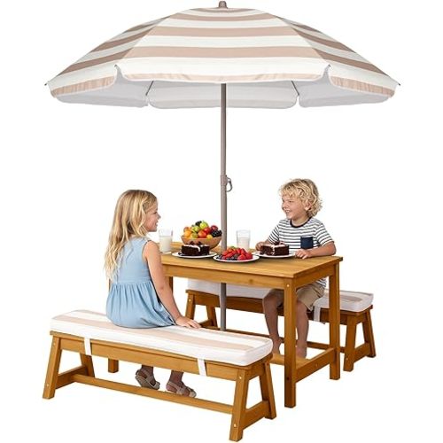 JOYMOR Kids Picnic Table Outdoor Wooden Table & Bench with Adjustable Umbrella, Picnic Table Set w/Removable Cushions for Backyard, Patio, Garden, Indoor(Natural)