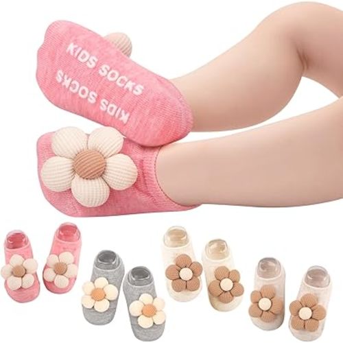 4Packs non-slip baby socks with grips for newborn infant toddler girls,soft flowers design toddler grip socks