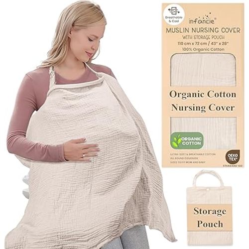 Organic Cotton Nursing Cover - 43 x 28 Inch Breathable Muslin Breastfeeding Cover, Multi-Purpose for Women (Ivory)