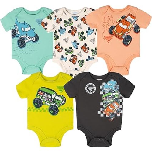 Monster Jam Baby 5 Pack Bodysuits Newborn to Infant Grave Digger El Toro Loco Megalodon
