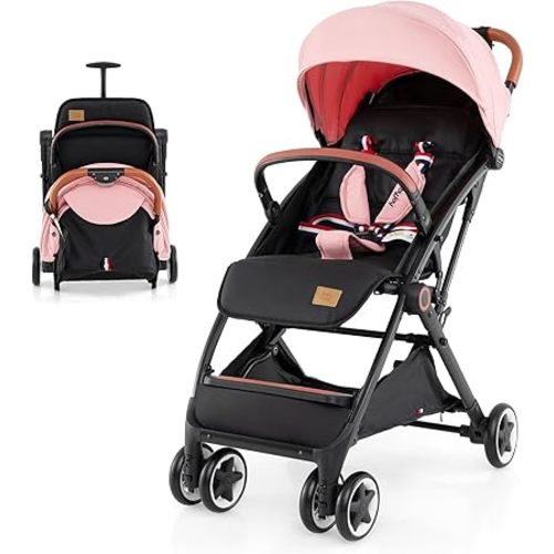 BABY JOY Lightweight Baby Stroller, Compact Toddler Travel Stroller for Airplane with 5-Point Harness, Adjustable Backrest/Footrest/Canopy, Storage Basket, Easy One-Hand Fold (Pink)