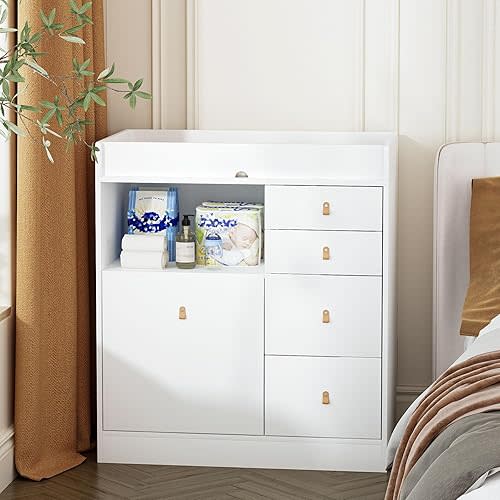 Baby Dresser Changing Table, Modern Nursery Dresser with Drawers, Storage Shelves, Diaper Changing Station for Nursery Room,Bedroom,Kids Room (White)