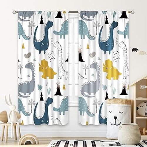 Cinbloo Kids Dinosaur Curtains 42Wx63L Inch Rod Pocket Cartoon Dino Baby Boys Bedroom Decor Nursery Children Cute Navy Blue Safari Animal Art Printed Living Room Playroom Window Drapes Fabric 2 Panel