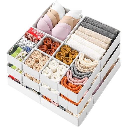Stero 18 Pack Drawer Organizers for Clothing, Dresser Drawer Organizer Clothes, Fabric Foldable Closet Organizers and Storage Basket Bins for Clothes, Underwear, Bras, Socks (White)
