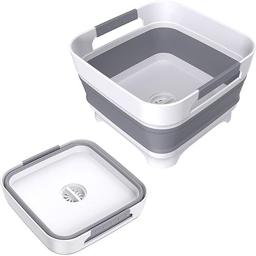 Collapsible Dish Basin with Drain Plug, 9L(2.4Gal) Capacity, Space Saving Portable Sink for Baby bottle, Kitchen, Camping& RV, Gray