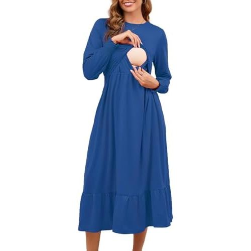 Women’s Nursing Dress Crewneck Casual, Long Sleeve Maternity Dress, Tiered Flowy Breastfeeding Dress with Pocket