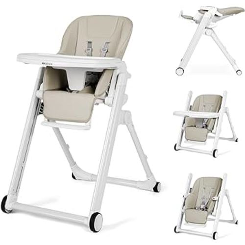 High Chair for Babies & Toddlers, Foldable Highchair with 8 Different Heights, 5 Reclining Seat Position and 3-Setting Footrest, Detachable Trays & Seat Cushion, 4 Wheels with Locks, Installation-Free
