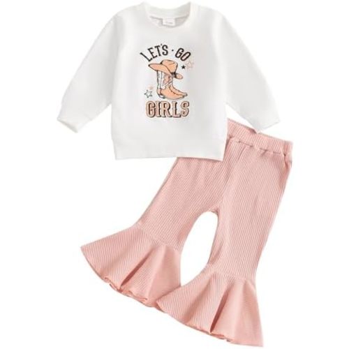 Toddler Baby Girls Fall Clothes Western Cowgirl Outfit Let's Go Girls Sweatshirt and Ribbed Flare Pants Set