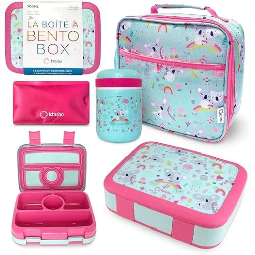 kinsho Bento Lunch Box for Kids with Thermal Food Jar for Hot Food Soup, Insulated Lunch Bag and Ice Cold Pack Set, Stainless Steel Lunch Thermal, Container Boxes with 4 Compartments, Koala