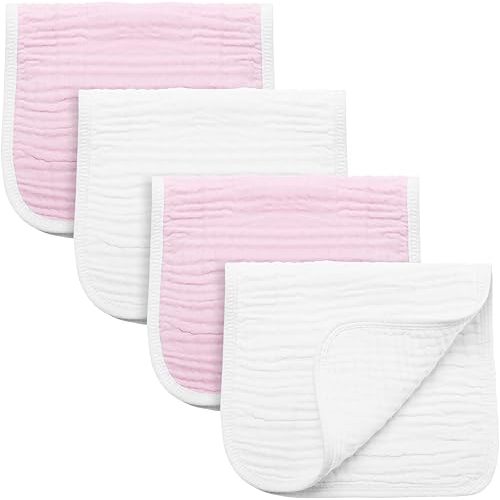 Synrroe Burp Cloths Large, Muslin Burp Cloths for Baby Girls and Boys, Pack of 4 Extra Absorbent and Soft Muslin Bibs, 6 Layers 20 by 10 Inches 100% Cotton (Pink-White 4 Pack)