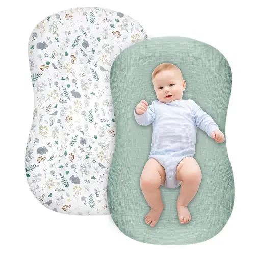 Muslin Baby Lounger Cover, 2 Pack Muslin Cotton Newborn Lounger Cover for Girls Boys, Soft Removable Slipcover for for Infant Lounger, Green Rabbit