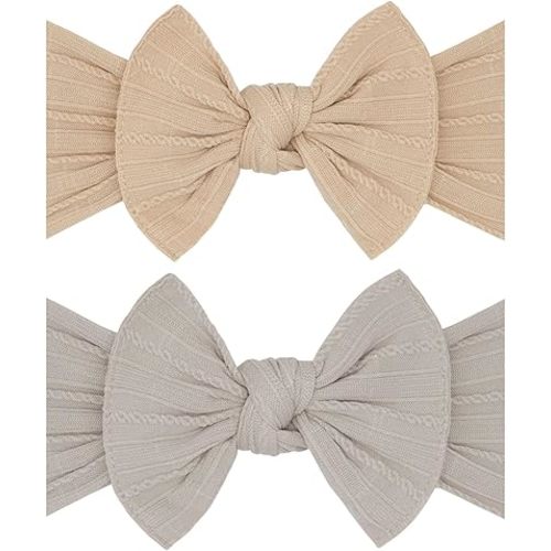 Baby Bling Bows - Newborn to Little Baby Girl Bows, 2 Pack Nylon Super Soft Stretchy Knot Toddler Headbands, Perfect Hair Accessories Head Bands for Infant Kids(Blush & Mushroom)