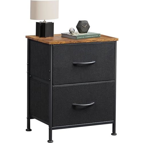 WLIVE Nightstand, 2 Drawer Dresser for Bedroom, Small Dresser with 2 Drawers, Bedside Furniture, Night Stand, End Table with Fabric Bins for Bedroom, Closet, Entryway, Black and Rustic Brown