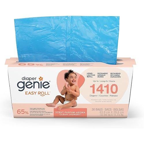 Diaper Genie Easy Roll Refill | 30 Clean Laundry Scent Bags | 65% PCR Film | Fits Platinum, Signature & Deluxe