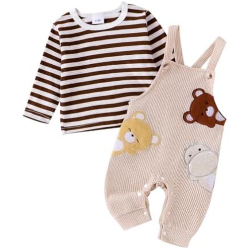 Baby Boy Girl Fall Outfits Newborn Long Sleeve Striped Tops Bear Embroidery Overalls Pants Set 2Pcs Fall Clothes