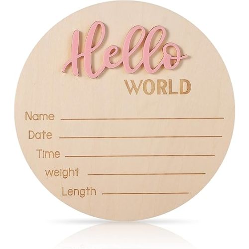 Newborn Announcement Sign, 5.9in Wooden Hello World Sign Baby Welcome Sign Birth Baby Name Plaques for Newborn Boys and Girls Photo Props Baby Shower Hospital Nursery (Light Pink)