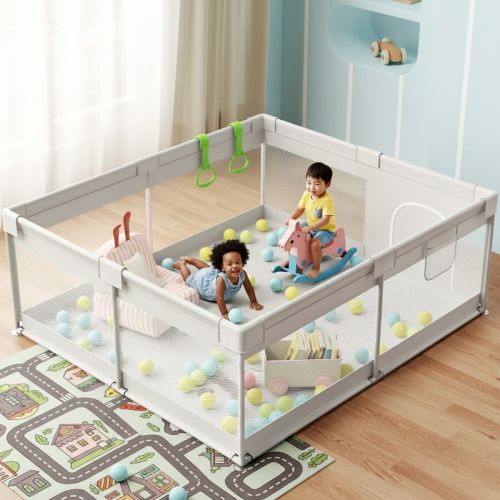 Extra Large Baby Playpen with Gate – Indoor Toddler Play Yard & Kids Play Area Fence, Sturdy Gray 69×59x26in (GRAY)