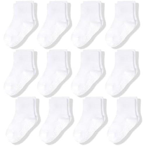 CozyWay Kids Socks With Grippers Non Slip Crew Grip Socks for Girls and Boys Soft Comfy Cotton Unisex - 12 Pack