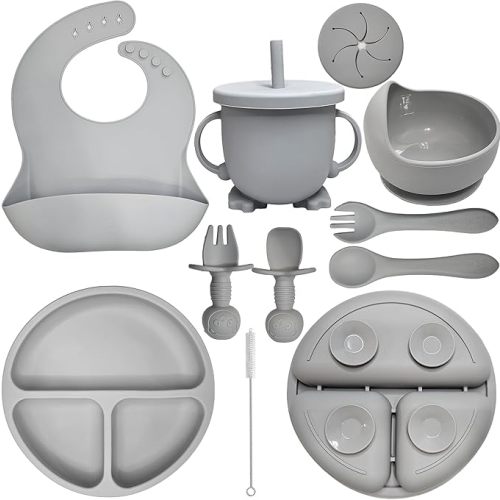 Baby Led Weaning Supplies | 10 Piece Silicone Feeding Set | Baby Toddler Bib Cup Divided Plate and Bowl Self Feeding Spoons Dish Set | Baby Utensils | Toddler Feeding Supplies (Cloud)