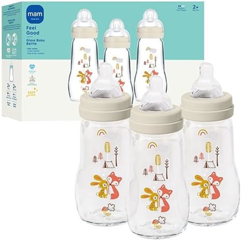 MAM 9oz Feel Good Pure Glass Anti-Colic Wide Neck Baby Bottle, Medium Flow Skin Soft Silicone Nipple, Easy to Clean, BPA Free, 2+ Mths, Easy Switch Between Breast & Bottle, Made in Europe, 3 PK Unisex