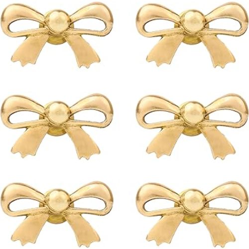 Indian Shelf 6 Pieces Brass Gold Bow Drawer Knobs for Kitchen Cabinet Hardware Nursery Door Decorative Tie Kids Dresser Knobs Pulls Premium Vintage