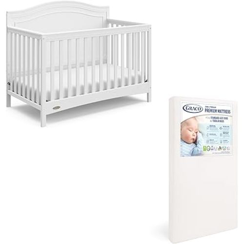 Graco Paris Crib and Mattress Nursery Essentials Pack (White) – GREENGUARD Gold Certified Baby Crib & Crib Mattress, Cribs with Mattress Included, Convertible Crib, Baby Mattresses for Crib