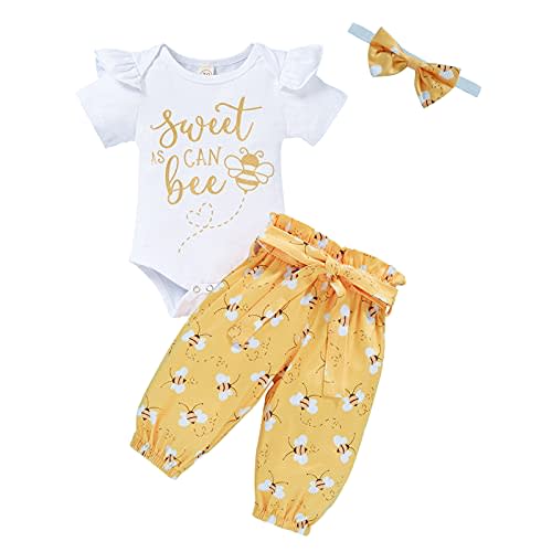 GRNSHTS Infant Baby Girl Bumble Bee Clothes Letter Print Romper Honey Bees Pants Bowknot Headband Outfits Set