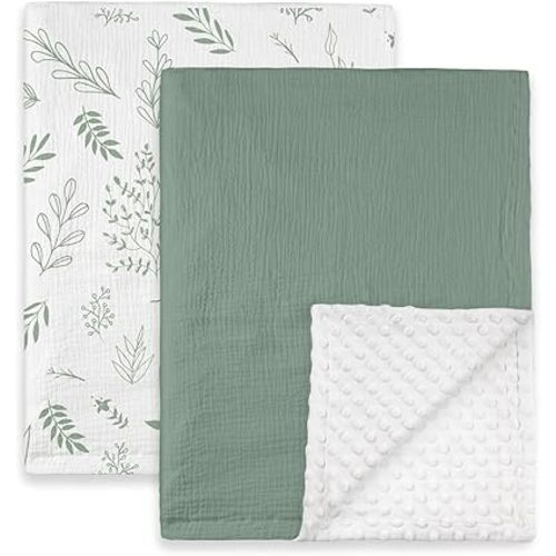 GLLQUEN BABY Blankets for Unisex Boys Girls, 2pack Muslin Cotton Front Soft and Breathable,and Dotted Fleece Backing, Printed Bed Nursery Minky Blankets for Toddler Newborn, 30 x40 inches