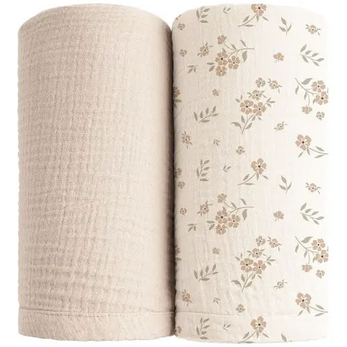 Konssy Muslin Swaddle Blankets for Boys Girls, 2 Pack Receiving Baby Blanket Large 47 x 47 inches, Soft Breathable Swaddling Wrap for Unisex Newborn (Blossom,Cream)